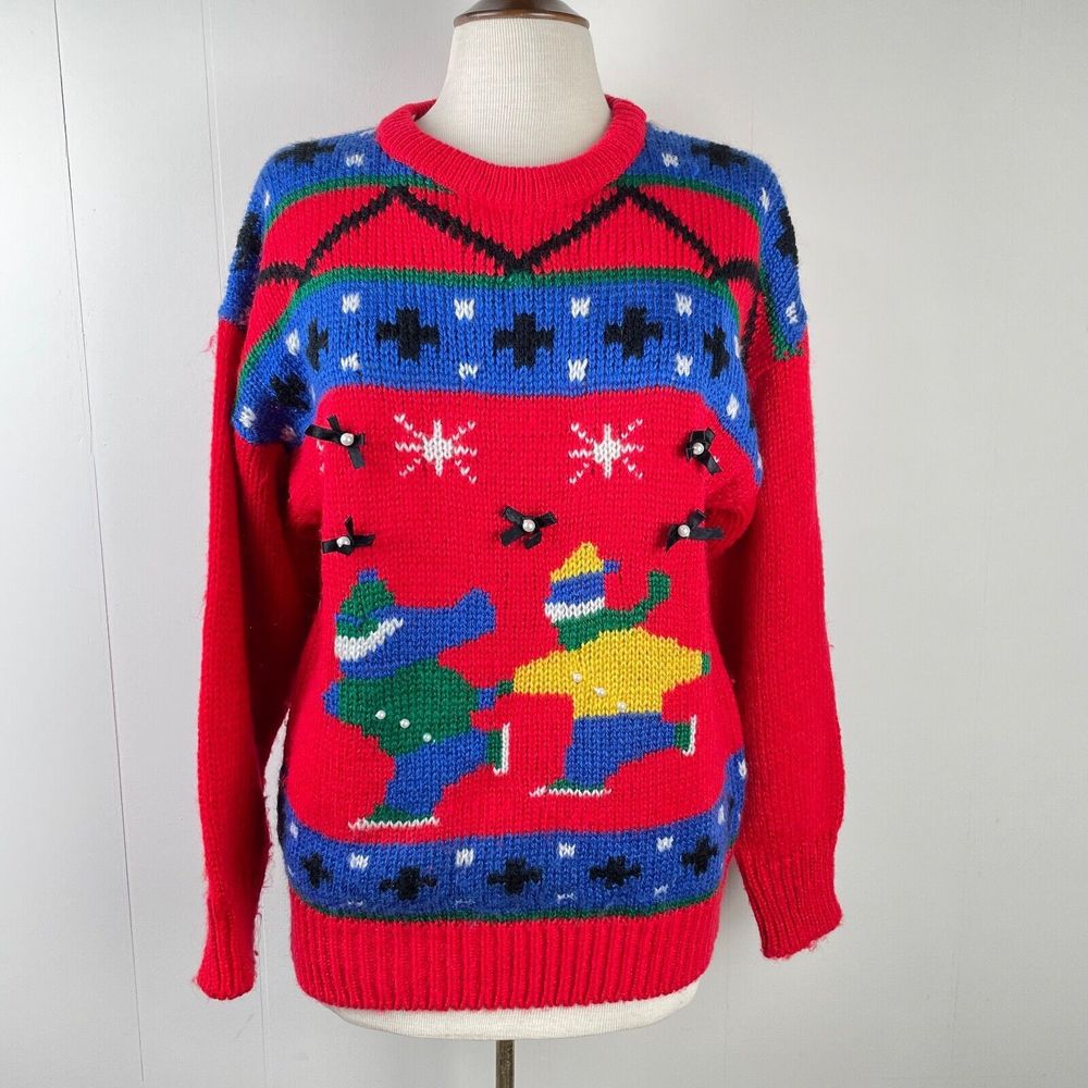 No Strings Attached Ice Skating Sweater Primary Colors Ugly Large Vintage 80